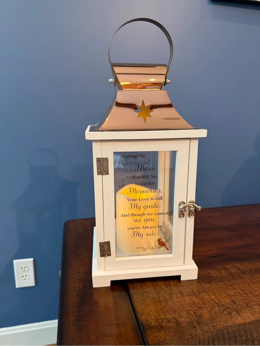 White and Copper Decorative Memorial “Mom” Lantern - Home Accents Cardinal
